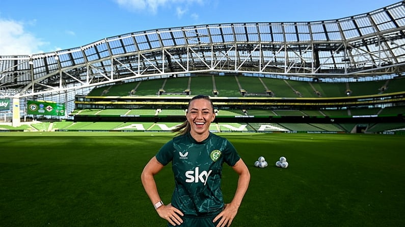 22 September 2023; Katie McCabe poses for a portrait after a Republic of Ireland women press conference at the Aviva Stadium in Dublin. Photo by Stephen McCarthy/Sportsfile