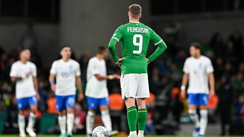 13 October 2023; Evan Ferguson of Republic of Ireland after his side conceded a second goal during the UEFA EURO 2024 Championship qualifying group B match between Republic of Ireland and Greece at the Aviva Stadium in Dublin. Photo by Stephen McCarthy/Sportsfile