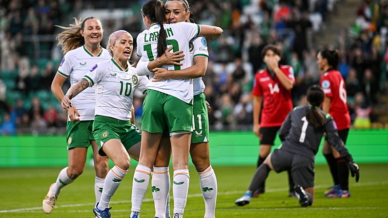 27 October 2023; Katie McCabe of Republic of Ireland is congratulated by Abbie Larkin after scoring their side's first goal during the UEFA Women's Nations League B match between Republic of Ireland and Albania at Tallaght Stadium in Dublin. Photo by David Fitzgerald/Sportsfile