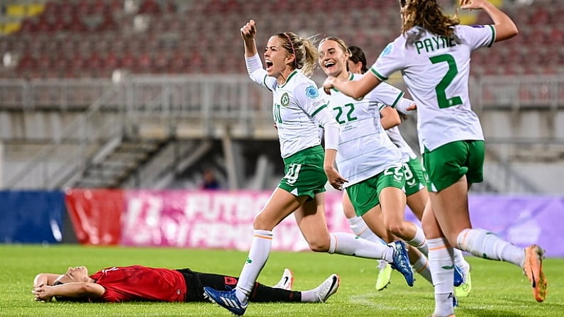 31 October 2023; Denise O'Sullivan of Republic of Ireland, left, celebrates after scoring her side's first goal during the UEFA Women's Nations League B match between Albania and Republic of Ireland at Loro Borici Stadium in Shkoder, Albania. Photo by Stephen McCarthy/Sportsfile