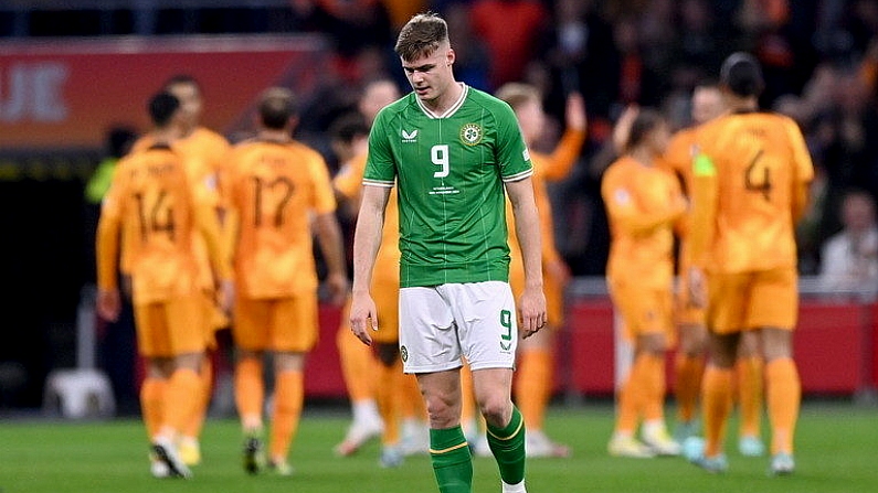 18 November 2023; Evan Ferguson of Republic of Ireland reacts after his side conceded a first goal during the UEFA EURO 2024 Championship qualifying group B match between Netherlands and Republic of Ireland at Johan Cruijff ArenA in Amsterdam, Netherlands. Photo by Stephen McCarthy/Sportsfile