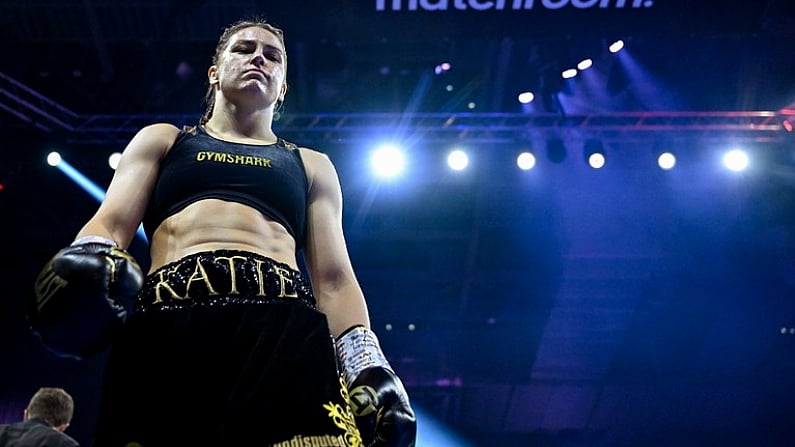 25 November 2023; Katie Taylor before her undisputed super lightweight championship fight with Chantelle Cameron at the 3Arena in Dublin. Photo by Stephen McCarthy/Sportsfile