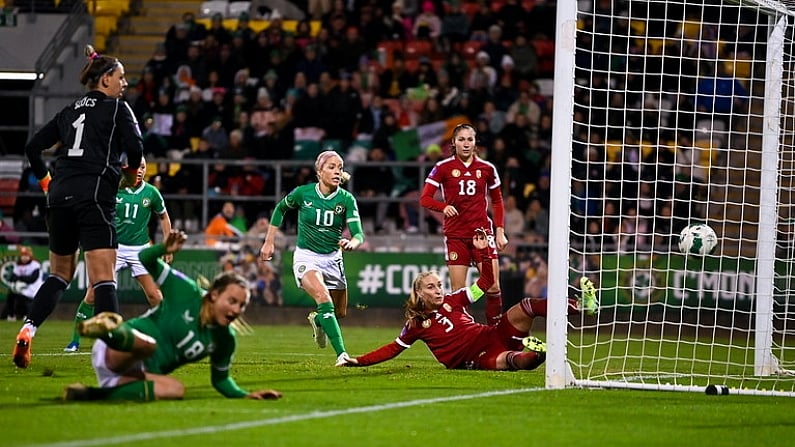 1 December 2023; Henrietta Csiszar of Hungary, 3, scores an own goal during the UEFA Women's Nations League B match between Republic of Ireland and Hungary at Tallaght Stadium in Dublin. Photo by Seb Daly/Sportsfile