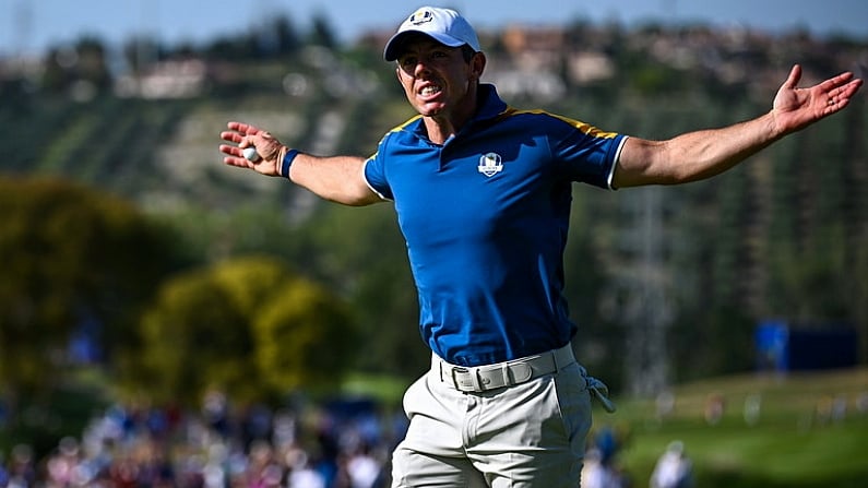 1 October 2023; Rory McIlroy of Europe celebrates a putt on the 15th hole during the singles matches on the final day of the 2023 Ryder Cup at Marco Simone Golf and Country Club in Rome, Italy. Photo by Ramsey Cardy/Sportsfile