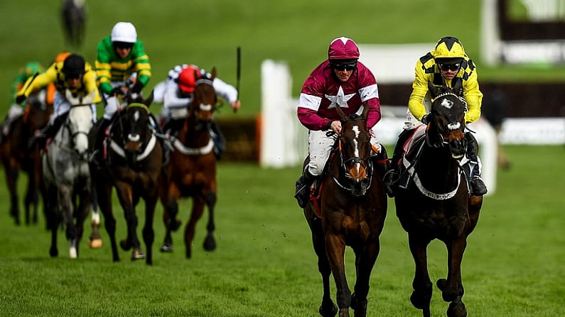 10 March 2020; Shishkin, with Nico de Boinville up, right, on their way to winning the Sky Bet Supreme Novices' Hurdle ahead of eventual second place Abacadabras, with Davy Russell up, on Day One of the Cheltenham Racing Festival at Prestbury Park in Cheltenham, England. Photo by Harry Murphy/Sportsfile