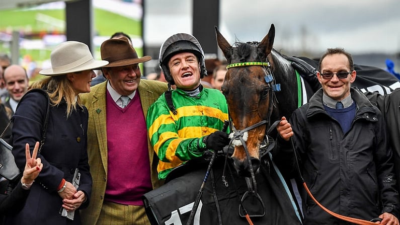 10 March 2020; Jockey Barry Geraghty, centre, with Epatante and trainer Nicky Henderson, left, after winning the Unibet Champion Hurdle Challenge Trophy on Day One of the Cheltenham Racing Festival at Prestbury Park in Cheltenham, England. Photo by David Fitzgerald/Sportsfile