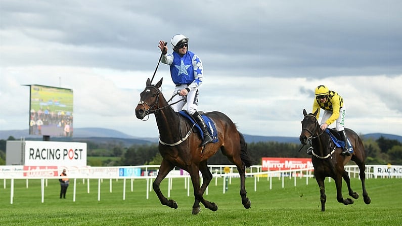 1 May 2019; Kemboy, with Ruby Walsh up, celebrate after crossing the line to win The Coral Punchestown Gold Cup during the Punchestown Festival Gold Cup Day at Punchestown Racecourse in Naas, Kildare. Photo by David Fitzgerald/Sportsfile