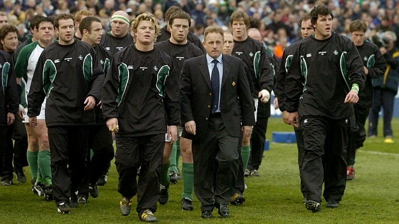 27 March 2004; The Ireland team lead by team captain Brian O'Driscoll and manager Eddie O'Sullivan return to the dressing room before the match. RBS 6 Nations Championship 2003-2004, Ireland v Scotland, Lansdowne Road, Dublin. Picture credit; Damien Eagers / SPORTSFILE *EDI*