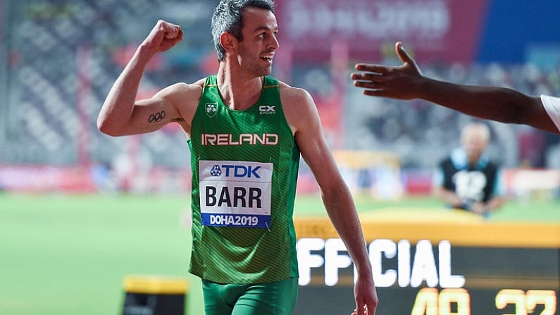 27 September 2019; Thomas Barr of Ireland celebrates after competing in the Men's 400m Hurdles and qualifying for the next round during day one of the World Athletics Championships 2019 at the Khalifa International Stadium in Doha, Qatar. Photo by Sam Barnes/Sportsfile