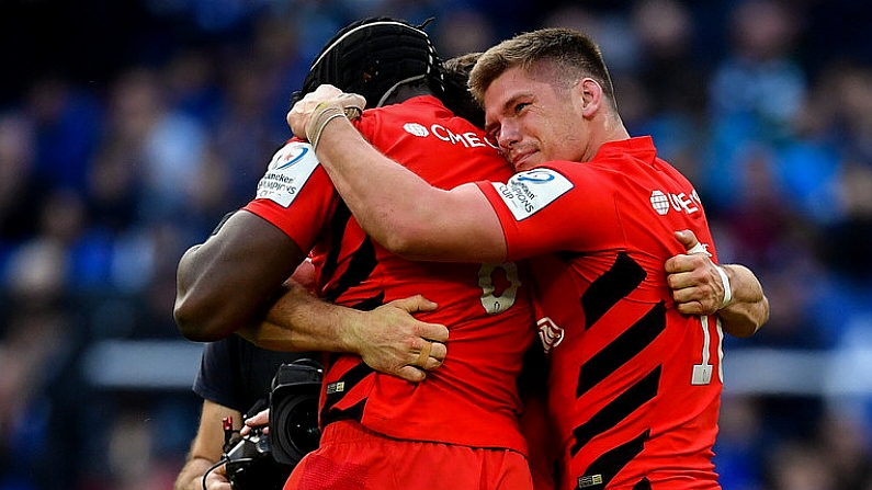 11 May 2019; Owen Farrell, Maro Itoje and Brad Barritt of Saracens celebrate following the Heineken Champions Cup Final match between Leinster and Saracens at St James' Park in Newcastle Upon Tyne, England. Photo by Brendan Moran/Sportsfile