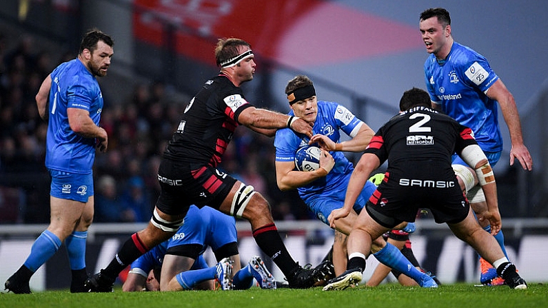 23 November 2019; Garry Ringrose of Leinster is tackled by Hendrik Roodt of Lyon during the Heineken Champions Cup Pool 1 Round 2 match between Lyon and Leinster at Matmut Stadium in Lyon, France. Photo by Ramsey Cardy/Sportsfile