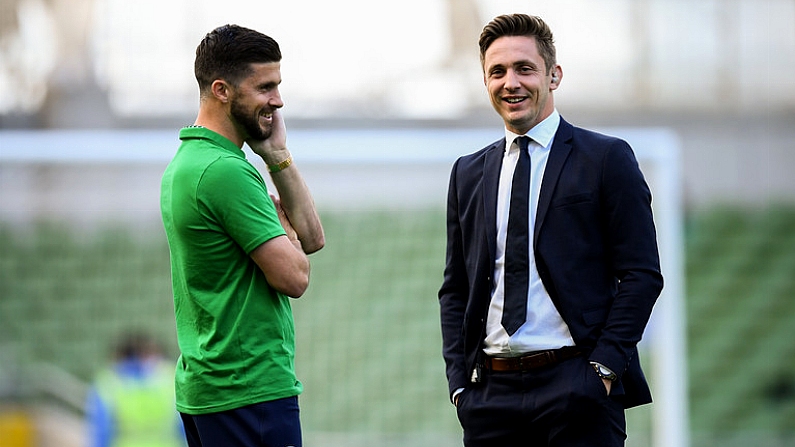 2 June 2018; Shane Long of Republic of Ireland in conversation with retired Republic of Ireland International Kevin Doyle, right, prior to the International Friendly match between Republic of Ireland and the United States at the Aviva Stadium in Dublin. Photo by Stephen McCarthy/Sportsfile