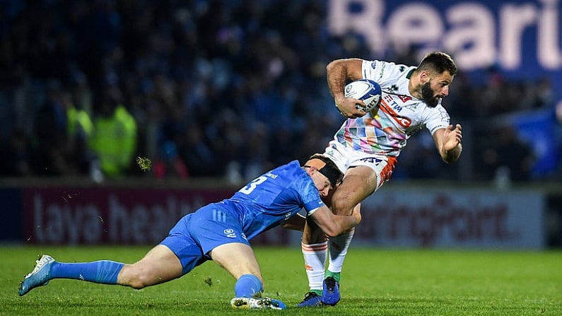 16 November 2019; Angelo Esposito of Benetton is tackled by Garry Ringrose of Leinster during the Heineken Champions Cup Pool 1 Round 1 match between Leinster and Benetton at the RDS Arena in Dublin. Photo by Ramsey Cardy/Sportsfile