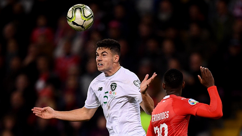 15 October 2019; John Egan of Republic of Ireland and Edimilson Fernandes of Switzerland during the UEFA EURO2020 Qualifier match between Switzerland and Republic of Ireland at Stade de Geneve in Geneva, Switzerland. Photo by Stephen McCarthy/Sportsfile