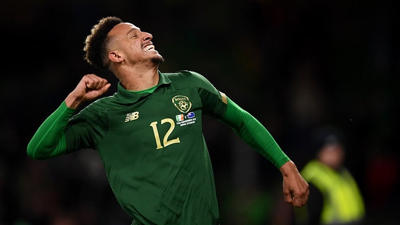 14 November 2019; Callum Robinson of Republic of Ireland celebrates after scoring his side's third goal during the International Friendly match between Republic of Ireland and New Zealand at the Aviva Stadium in Dublin. Photo by Stephen McCarthy/Sportsfile