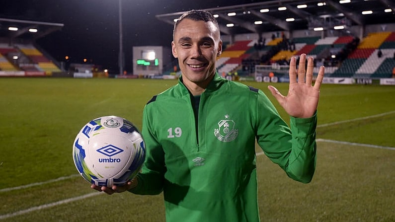 21 February 2020; Graham Burke of Shamrock Rovers who scored five goals holds the match ball following the SSE Airtricity League Premier Division match between Shamrock Rovers and Cork City at Tallaght Stadium in Dublin. Photo by Stephen McCarthy/Sportsfile