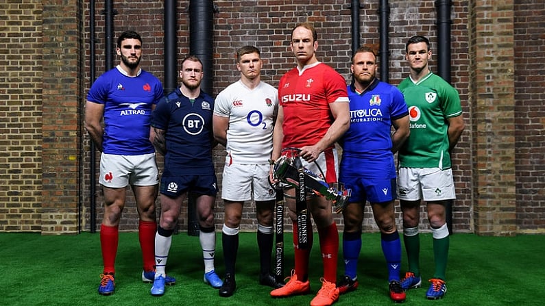 22 January 2020; Captains, from left, Charles Ollivon of France, Stuart Hogg of Scotland, Owen Farrell of England, Alun Wyn Jones of Wales, Luca Bigi of Italy, and Jonathan Sexton of Ireland during the Guinness Six Nations Rugby Championship Launch 2020 at Tobacco Dock in London, England. Photo by Ramsey Cardy/Sportsfile