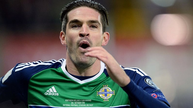 8 October 2016; Kyle Lafferty of Northern Ireland celebrates after scoring his sides second goal during the FIFA World Cup Group C Qualifier match between Northern Ireland and San Marino at Windsor Park in Belfast. Photo by Oliver McVeigh/Sportsfile