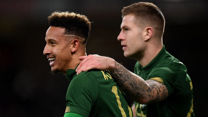 14 November 2019; Callum Robinson, left, of Republic of Ireland celebrates with team-mate James Collins after scoring his side's third goal during the International Friendly match between Republic of Ireland and New Zealand at the Aviva Stadium in Dublin. Photo by Stephen McCarthy/Sportsfile