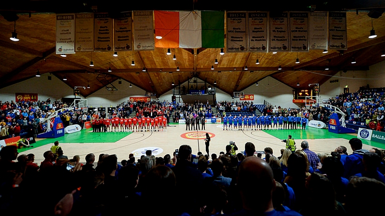 25 January 2020; A General view of Griffith College Templeogue prior to the Hula Hoops Pat Duffy National Cup Final between DBS Eanna v Griffith College Templeogue at the National Basketball Arena in Tallaght, Dublin.Amhran na bhFiann Photo by Harry Murphy/Sportsfile