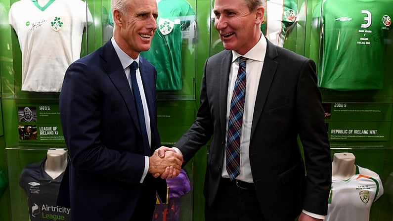 30 November 2018; To celebrate Dublins hosting of the UEFA EURO 2020 Qualifying Draw on 2nd December 2018, Irish Football Legends Ronnie Whelan, Ray Houghton, Kevin Sheedy, Tony Galvin, Liam OBrien, Tony Cascarino and John Anderson teamed up with Dublin City Council and the Football Association of Ireland to launch the National Football Exhibition giving people the chance to experience some of the excitement. Open to the public on Sunday, December 2nd, at the Printworks, Dublin Castle, until the 9th December, the Exhibition celebrates 60 years of UEFA European Championship and Irish football. Six separate zones, packed with memorabilia and interactive features will give attendees an overview of the history of football in Ireland and its impact on communities around the country. Throughout 2019 and 2020, the National Football Exhibition will tour around various locations* nationwide. The National Football Exhibition App is available to download now from the App Store and Google Play Store. The draw for the UEFA EURO 2020 qualifying groups this Sunday, 2nd December, will be attended by delegates from all 55 UEFA member nations and over 350 international media representatives with an estimated TV audience worldwide of 140 million. 4 tournament games will be hosted at Dublins Aviva Stadium during UEFA EURO 2020, the largest sporting event to ever be hosted in the country. Pictured is Republic of Ireland manager Mick McCarthy, left, and Republic of Ireland U21 manager Stephen Kenny at the Printworks, Dublin Castle, Dublin. Photo by Stephen McCarthy/Sportsfile