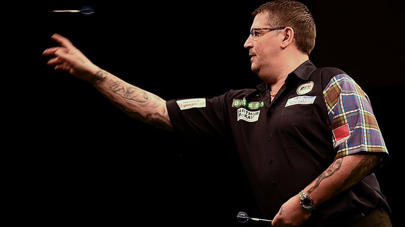 1 February 2018; Gary Anderson competes against Michael Smith during the 2018 Unibet Premier League Darts - Night One at the 3 Arena, in Dublin. Photo by Philip Fitzpatrick/Sportsfile