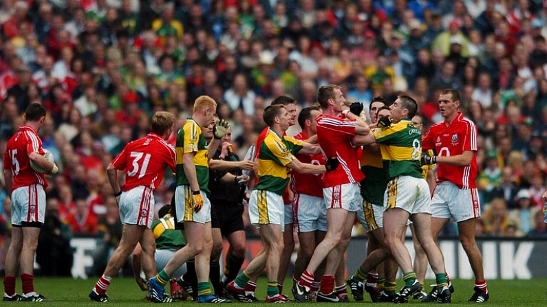 16 September 2007; Cork and Kerry players tussle during the match. Bank of Ireland All-Ireland Senior Football Championship Final, Kerry v Cork, Croke Park, Dublin. Picture credit; Brian Lawless / SPORTSFILE