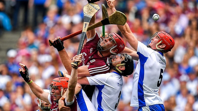 3 September 2017; Conor Whelan, left, Jonathan Glynn of Galway, contest possession with Noel Connors, Barry Coughlan and Tadhg de Burca of Waterford during the GAA Hurling All-Ireland Senior Championship Final match between Galway and Waterford at Croke Park in Dublin. Photo by Brendan Moran/Sportsfile