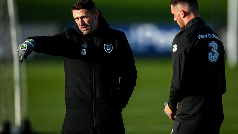 11 November 2019; Republic of Ireland assistant coach Robbie Keane and Troy Parrott during a Republic of Ireland training session at the FAI National Training Centre in Abbotstown, Dublin. Photo by Stephen McCarthy/Sportsfile