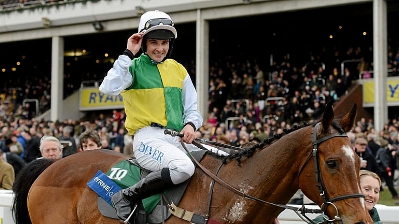 14 March 2013; Jockey Liam Treadwell celebrates aboard Carrickboy after winning the Byrne Group Plate. Cheltenham Racing Festival 2013, Prestbury Park, Cheltenham, England. Picture credit: Paul Mohan / SPORTSFILE