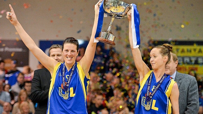 25 January 2013; UL Huskies co-captains Michelle Fahy, left, and Cathy Grant lifts the cup after victory over Team Montenotte Hotel Cork. 2013 Nivea Women's Superleague National Cup Final, UL Huskies v Team Montenotte Hotel Cork, National Basketball Arena, Tallaght, Dublin. Picture credit: Brendan Moran / SPORTSFILE