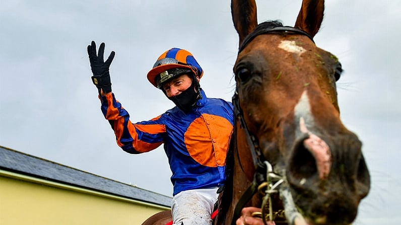 27 June 2020; Jockey Seamie Heffernan celebrates after riding Santiago to victory in the Dubai Duty Free Irish Derby during day two of the Dubai Duty Free Irish Derby Festival at The Curragh Racecourse in Kildare. Horse Racing continues behind closed doors following strict protocols having been suspended from March 25 due to the Irish Government's efforts to contain the spread of the Coronavirus (COVID-19) pandemic. Photo by Seb Daly/Sportsfile