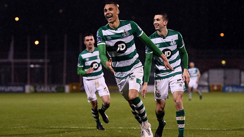 21 February 2020; Graham Burke of Shamrock Rovers celebrates after scoring his side's fifth goal during the SSE Airtricity League Premier Division match between Shamrock Rovers and Cork City at Tallaght Stadium in Dublin. Photo by Stephen McCarthy/Sportsfile