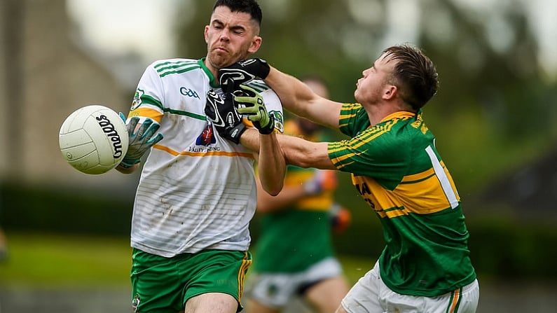 2 August 2020; David Eakin of Carrickmacross in action against Craig Callen of Castleblaney during the Monaghan Senior Football Championship Group 2 Round 2 match between Carrickmacross Emmets GFC and Castleblayney Faughs at Carrickmacross Emmets GFC in Monaghan. GAA matches continue to take place in front of a limited number of people in an effort to contain the spread of the Coronavirus (COVID-19) pandemic. Photo by Philip Fitzpatrick/Sportsfile