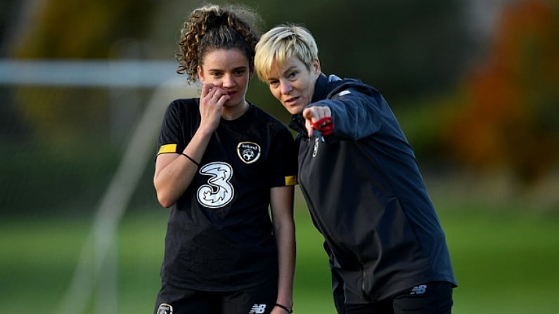 8 November 2019; Manager Vera Pauw, right, and Leanne Kiernan during a Republic of Ireland WNT training session at Johnstown House in Enfield, Meath. Photo by Seb Daly/Sportsfile