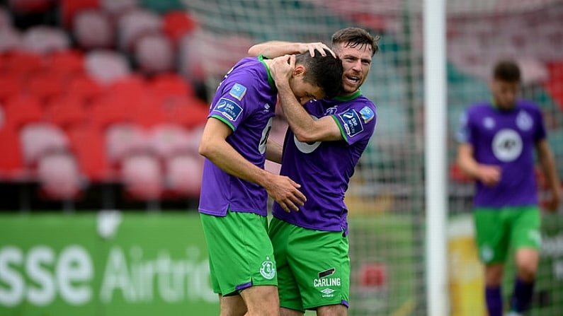 12 September 2020; Neil Farrugia, left, is congratulated by Shamrock Rovers team-mate Jack Byrne after scoring their third goal during the SSE Airtricity League Premier Division match between Cork City and Shamrock Rovers at Turners Cross in Cork. Photo by Stephen McCarthy/Sportsfile