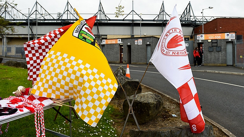 25 May 2019; A general view of flags outside the ground before the Ulster GAA Football Senior Championship Quarter-Final match between Antrim and Tyrone at the Athletic Grounds in Armagh. Photo by Oliver McVeigh/Sportsfile