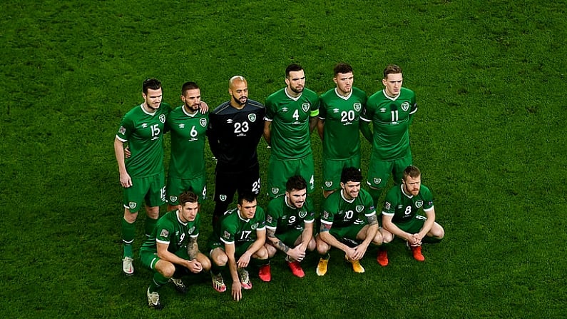 18 November 2020; Republic of Ireland team, back row, from left, Kevin Long, Conor Hourihane, Darren Randolph, Shane Duffy, Dara O'Shea and Ronan Curtis. Front row, from left, James Collins, Jason Knight, Ryan Manning, Robbie Brady and Daryl Horgan ahead of the UEFA Nations League B match between Republic of Ireland and Bulgaria at the Aviva Stadium in Dublin. Photo by Eoin Noonan/Sportsfile