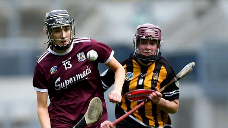 31 March 2019; Carrie Dolan of Galway in action against Anne Dalton of Kilkenny of Kilkenny during the Littlewoods Ireland Camogie League Division 1 Final match between Kilkenny and Galway at Croke Park in Dublin. Photo by Piaras O Midheach/Sportsfile