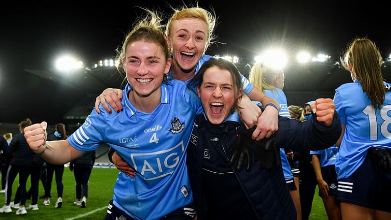 20 December 2020; Aoife Kane of Dublin, left, with her sister Laura Kane, right, and Carla Rowe of Dublin following the TG4 All-Ireland Senior Ladies Football Championship Final match between Cork and Dublin at Croke Park in Dublin. Photo by Eoin Noonan/Sportsfile