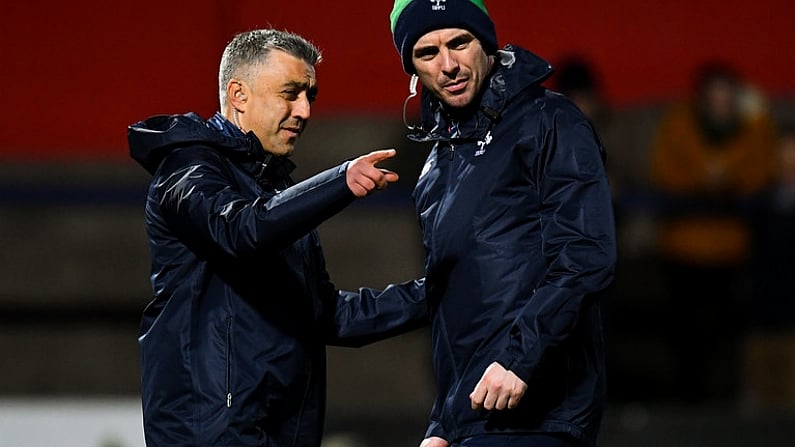 31 January 2020; Ireland head coach Noel McNamara speaks with assistant coach Kieran Campbell prior to the U20 Six Nations Rugby Championship match between Ireland and Scotland at Irish Independent Park in Cork. Photo by Harry Murphy/Sportsfile