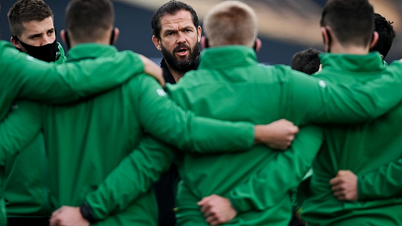 29 November 2020; Ireland head coach Andy Farrell speaks to his players ahead of the Autumn Nations Cup match between Ireland and Georgia at the Aviva Stadium in Dublin. Photo by Ramsey Cardy/Sportsfile