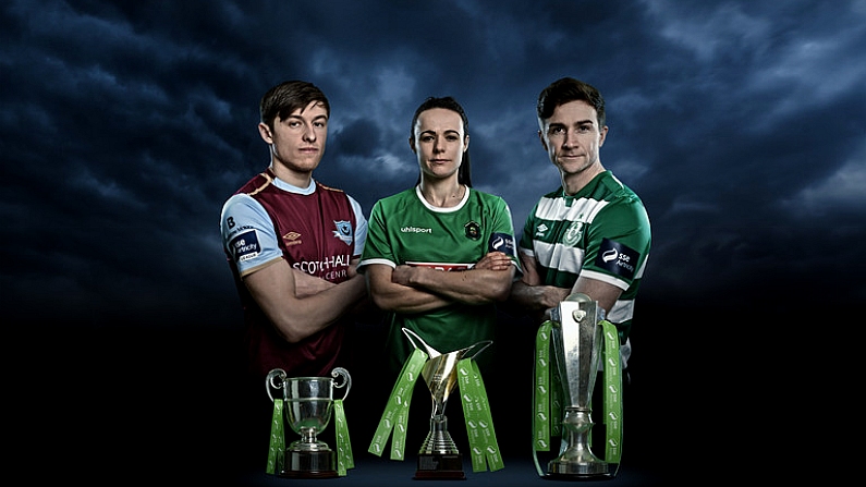 20 January 2021; (EDITOR'S NOTE: Image has been digitally manipulated to make a composite and was captured in full compliance with the Governments COVID-19 guidelines) At the announcement of SSE Airtricity as new title sponsor of the Womens National League and confirmation that Irelands largest provider of 100% green energy* will renew their sponsorship of the Mens SSE Airtricity League for the next two years is, from left, Drogheda United captain Jake Hyland, Peamount United captain Aine O'Gorman and Shamrock Rovers captain Ronan Finn. *Largest provider of 100% green energy claim and total TWh supplied to homes and businesses based on Electricity Market Share by MWh published by the Commission for Regulation of Utilities (CRU) in Retail Market Reports for 2019. Issued by Sportsfile on behalf of FAI / SSE Airtricity