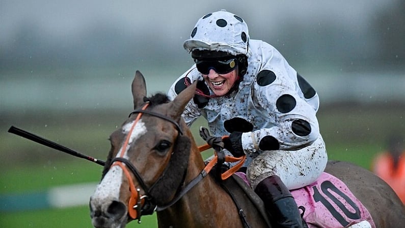 18 November2015; Moonlone Lane, with Lorna Brooke up, on their way to winning the Today FM Ladies Handicap Steeplechase after jumping the last. Fairyhouse Racecourse, Fairyhouse, Co. Meath. Picture credit: Matt Browne / SPORTSFILE