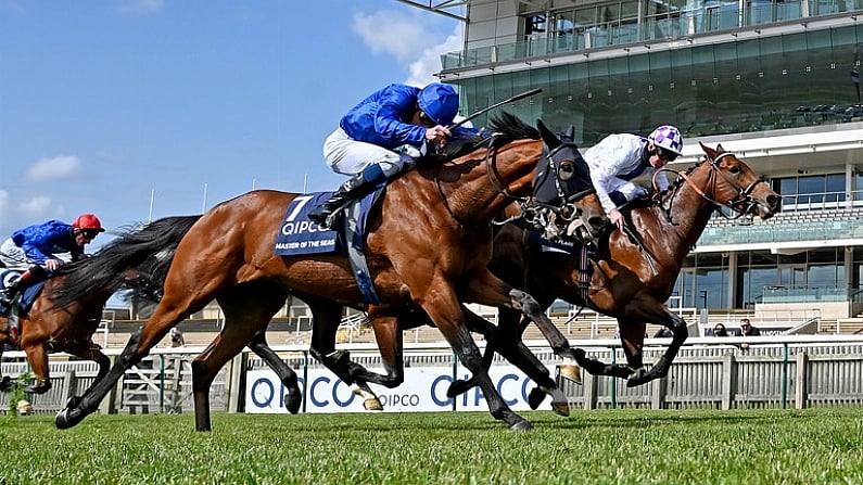 1 May 2021; Poetic Flare, with Kevin Manning up, leads Master Of The Seas, with William Buick up, who finished second, on their way to winning the Qipco 2000 Guineas Stakes at Newmarket Racecourse in Newmarket, England. Hugh Routledge /Sportsfile