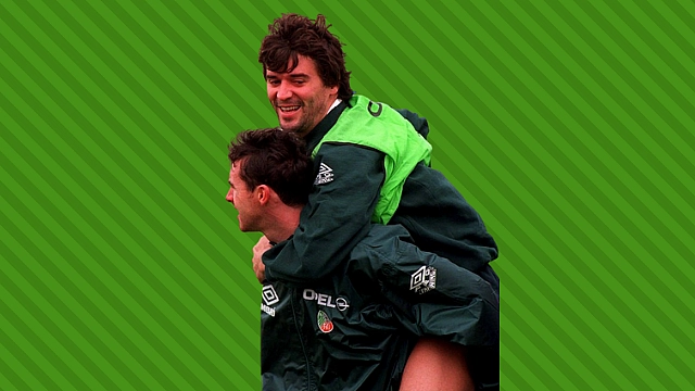 Irish teammates Roy Keane and Alan McLoughlin.