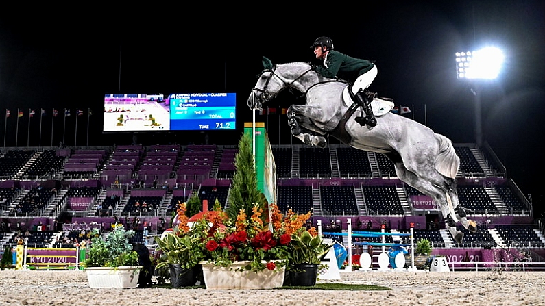 3 August 2021; Darragh Kenny of Ireland riding Cartello during the jumping individual qualifier at the Equestrian Park during the 2020 Tokyo Summer Olympic Games in Tokyo, Japan. Photo by Stephen McCarthy/Sportsfile