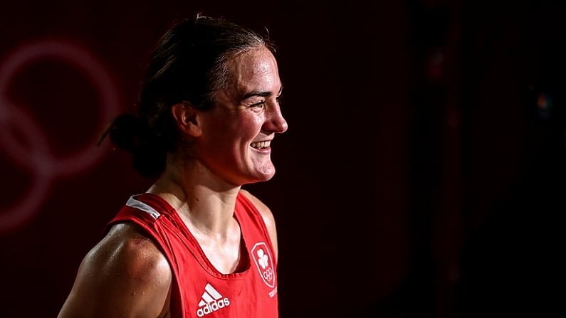 5 August 2021; Kellie Harrington of Ireland reacts after defeating Sudaporn Seesondee of Thailand in their women's lightweight semi-final bout at the Kokugikan Arena during the 2020 Tokyo Summer Olympic Games in Tokyo, Japan. Photo by Stephen McCarthy/Sportsfile