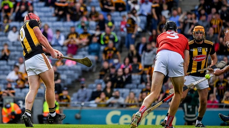 8 August 2021; Adrian Mullen of Kilkenny scores a last minute goal during the GAA Hurling All-Ireland Senior Championship semi-final match between Kilkenny and Cork at Croke Park in Dublin. Photo by Ray McManus/Sportsfile