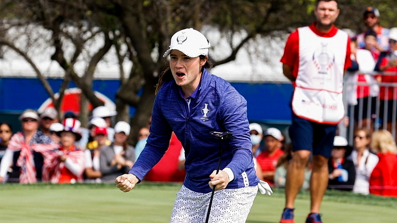 4 September 2021; Leona Maguire of Team Europe celebrates after making the winning putt on the 18th green during the morning foursomes match with team-mate Mel Reid against Nelly Korda and Jessica Korda of Team USA on day one of the Solheim Cup at the Inverness Club in Toledo, Ohio, USA. Photo by Brian Spurlock/Sportsfile